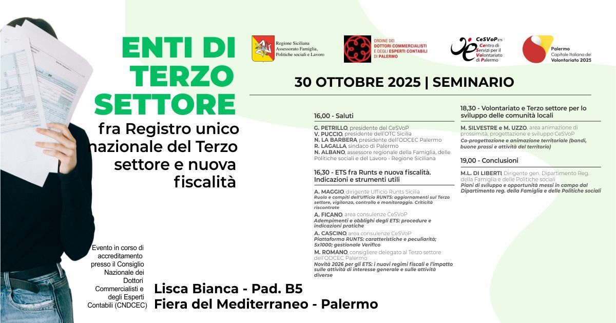 Enti di Terzo settore, Runts e nuova fiscalità. Seminario gratuito a Palermo